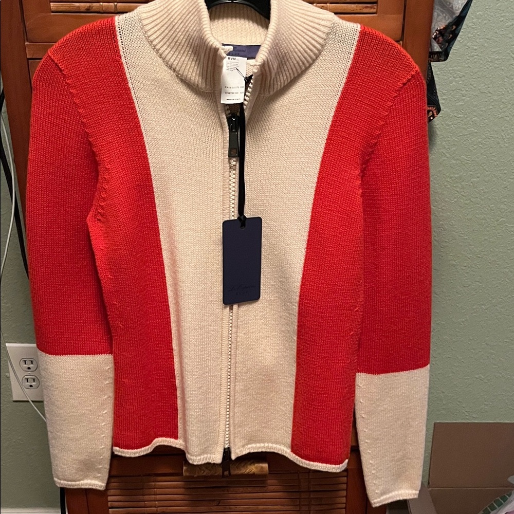 NWT Les Copains Burnt Orange and Cream Zip-Up Cardigan Sweater. Size 40eu